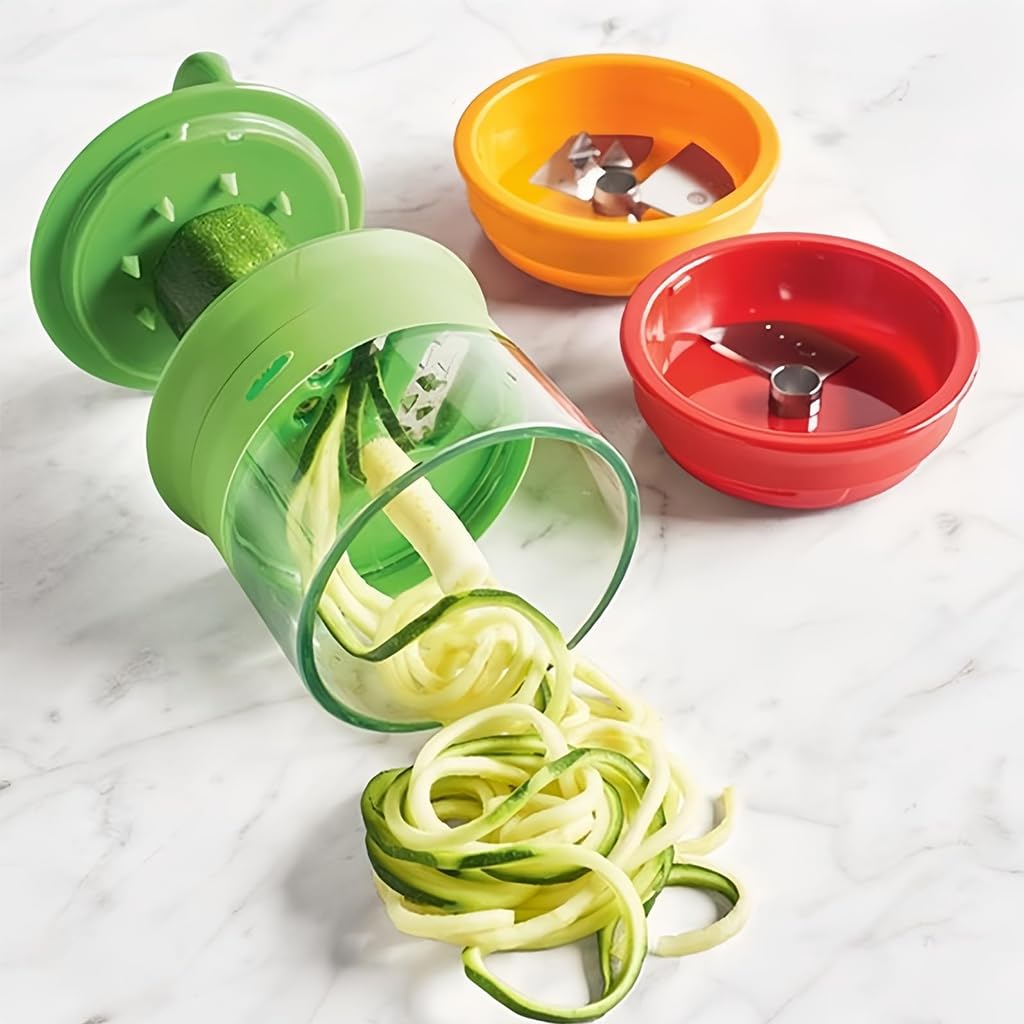 Supvox® 3 in 1 Stackable Spiral Vegetable Slicer, Stainless Steel Manual Grater & Slicer with 3 Interchangeable Blades & Guard Handle, Spiralizer for Veggies Noodles