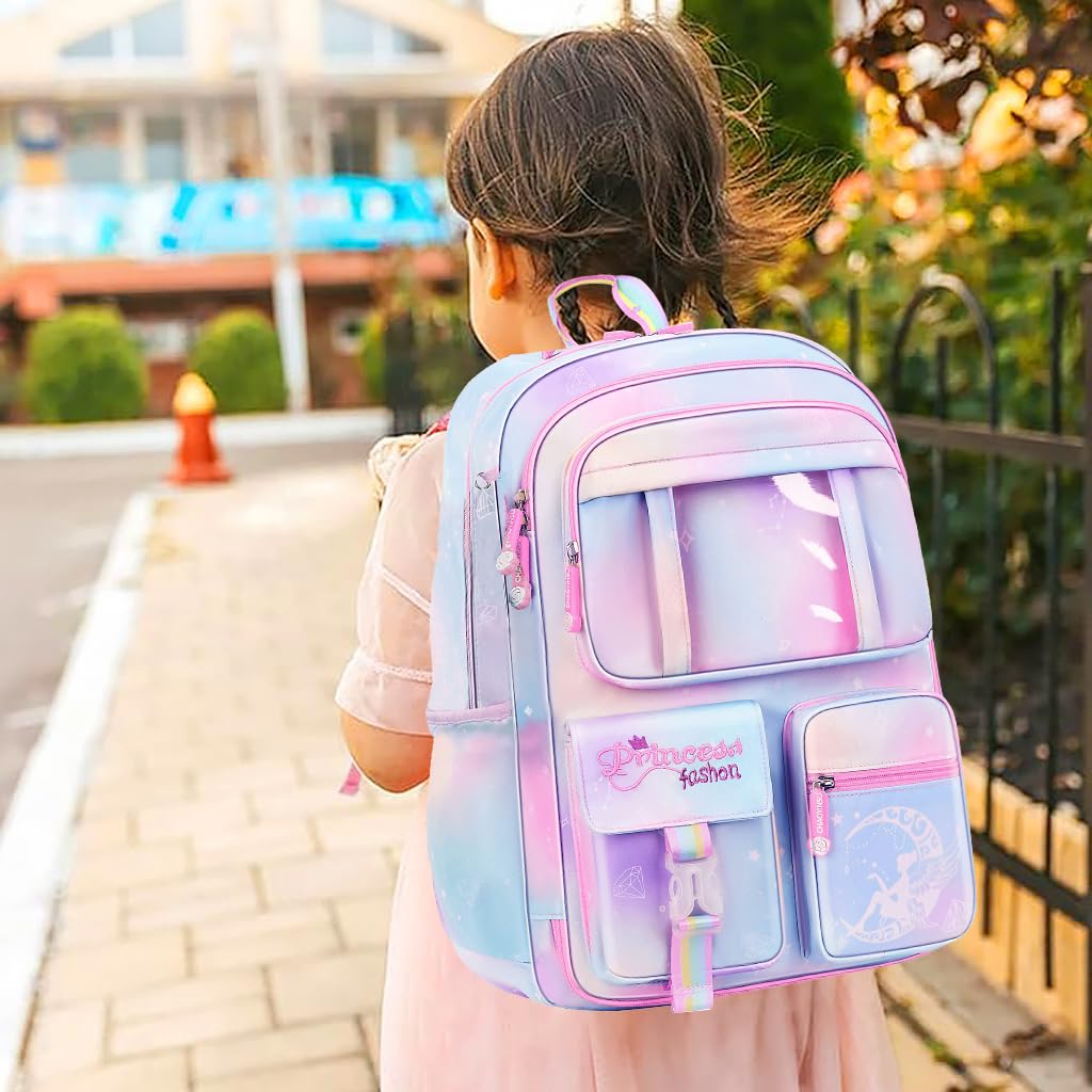 PALAY® Girls School Backpack Girls School Backpack Stylish School Bags Dreamy Purple Cartoon Print Schoolgirls Backpack Large Burden Relief Oxford Cloth School Backpack Gift Children's Day Gift