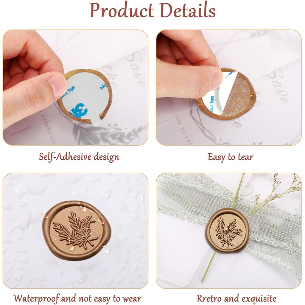 HASTHIP Wax Seal Stickers for Wedding Invitations with 10pcs 1.2in Self Adhesive Golden Rosemary Design | Elegant Envelope and Gift Decoration