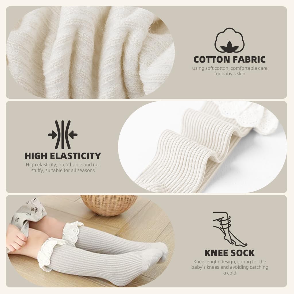 SNOWIE SOFT Baby Socks 2 Pairs for Newborn Girls with Lace Edge and Elastic Cuffs | Soft Cotton Knee High Design