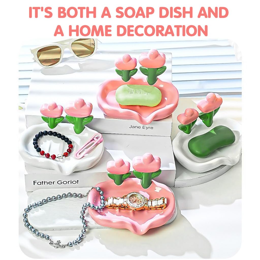 HASTHIP Soap Trays for Bathroom and Kitchen with Drain Spout Design 14.5 × 11 cm | White & Pink PP Set of 2