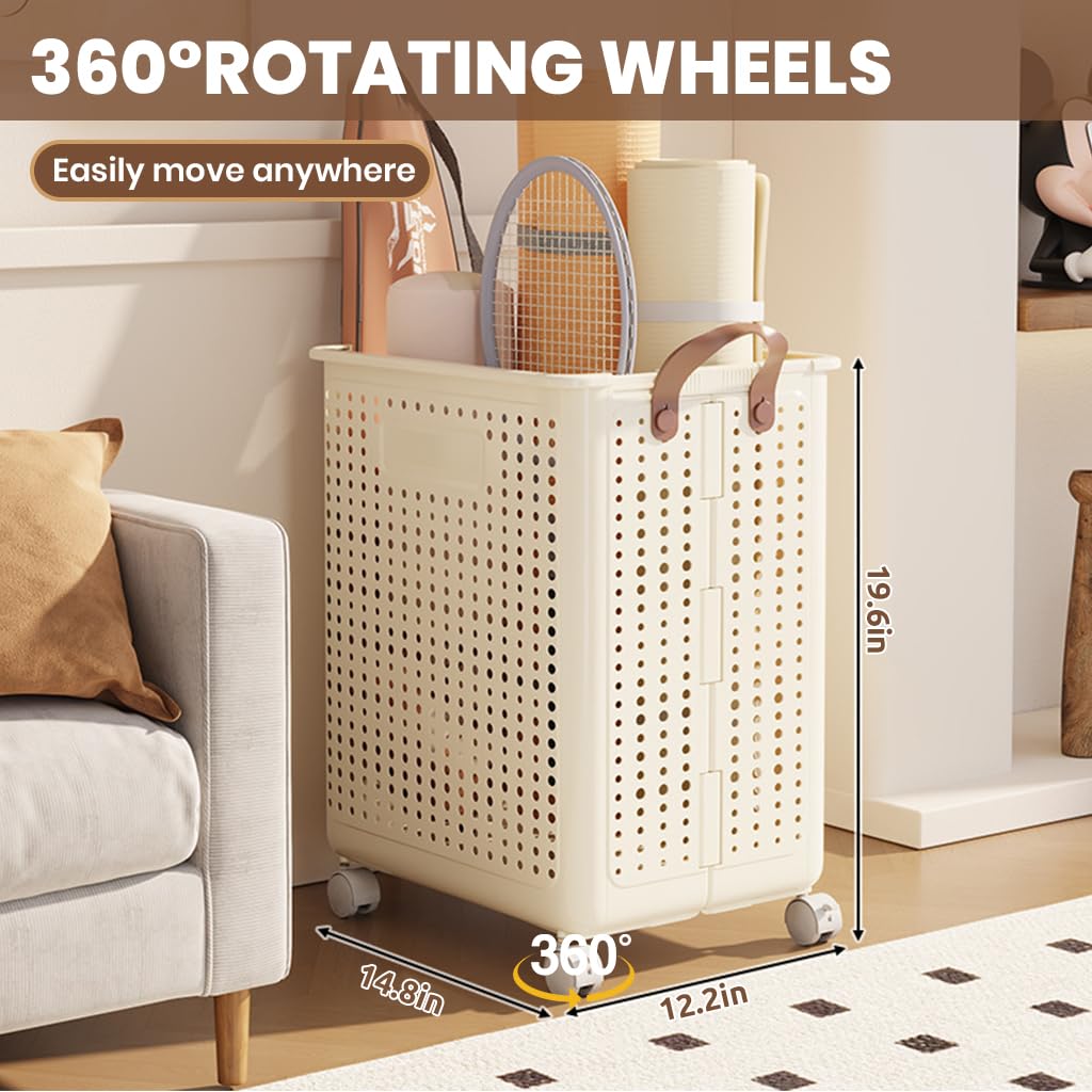 Supvox® Laundry Basket Laundry Cart with Wheels Folding Laundry Hamper Plastic Folding Laundry Basket with Handle Ventilation Mesh Hole Design Moving Laundry Basket Cart, 37.7x31x50cm