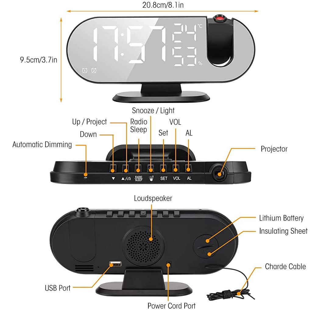 HASTHIP® Projection Alarm Clock, 8.2 inch LED Mirror Digital Alarm Clock with USB Port, 180° Rotable Projector, FM Radio, Temperature & Humidity Display, 12/24H, Dual Alarm, Snooze, 3 Dimmer (Black)