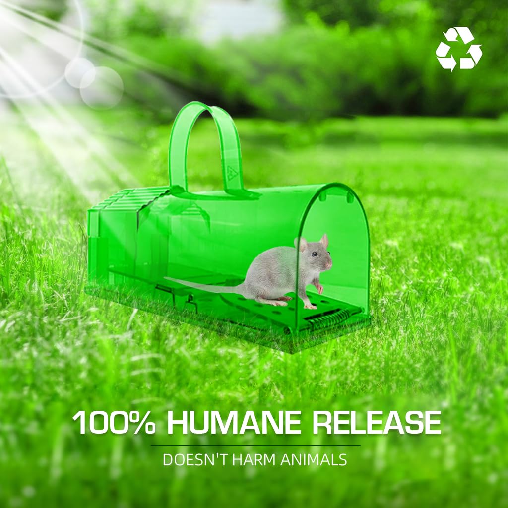HASTHIP 2 Piece Large Mouse Trap with Handle - 7.9 Inches Green Large Rat Trap - No-retreat Spring loaded Door Mouse Trap - Humane Mouse Trap - Easy to Set Up - Mouse Catcher Reusable