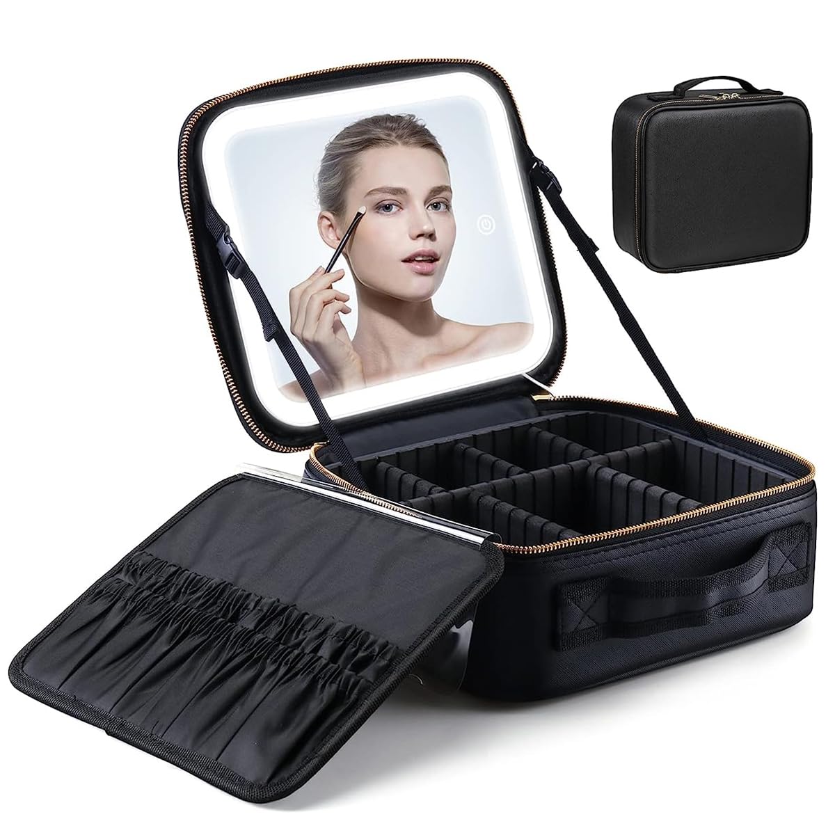 MAYCREATE® Travel Makeup Organizer Pouch with 4K Vanity Mirror & LED Fill Light(3 Modes, Stepless Dimming), Cosmetic Brushes Storage Bag Case- Adjustable Dividers, Waterproof