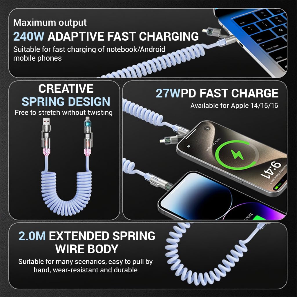 Charger Wire Spring 4-in-1 Type C Phone Charging Cable 240W for Home & Travel | Verilux ...