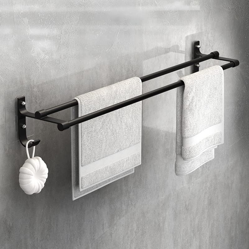 HASTHIP® 15.7 Inch Aluminum Bathroom Towel Rack Towel Rod Towel Hanger Towel Bar Bath Accessories, Double-Pole Towel Stand with Hooks, Rustproof Towel Storage Wall Mount for Bathroom Lavatory (Black)