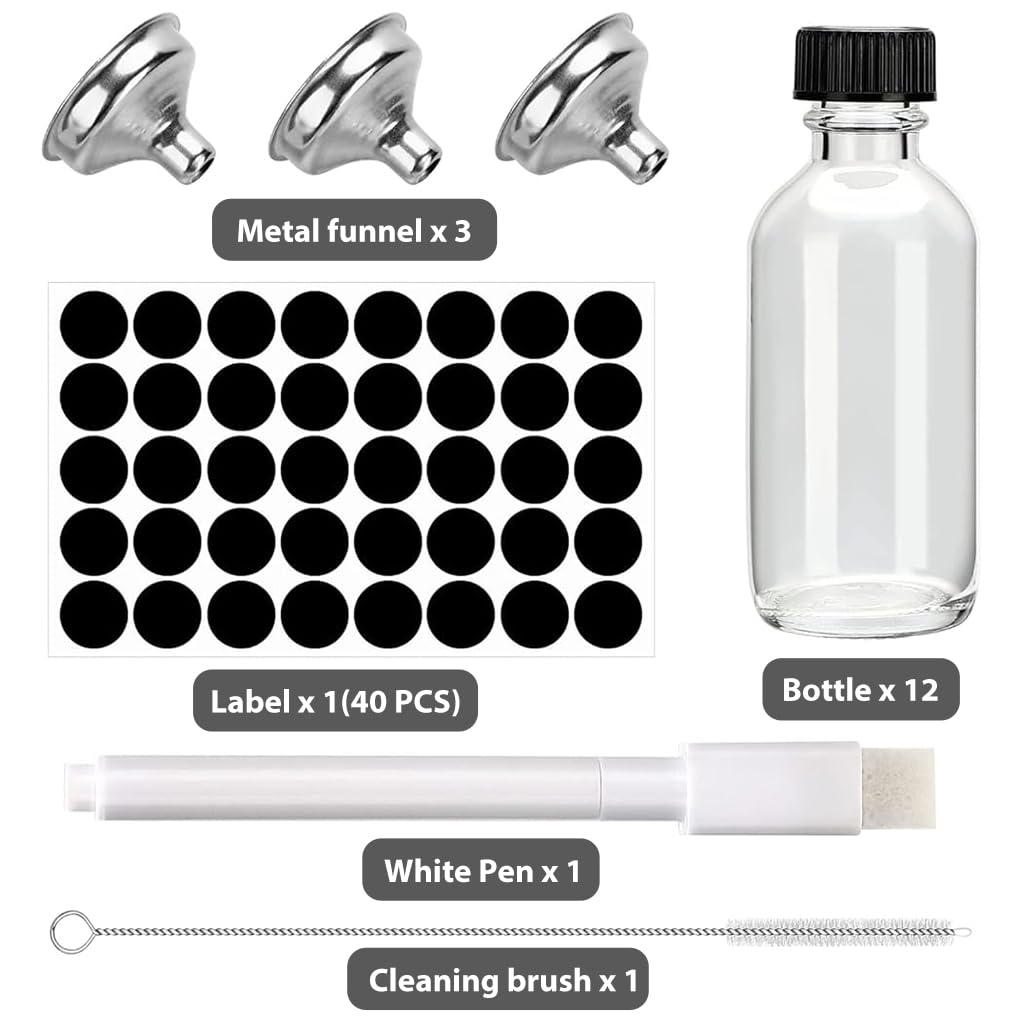 HASTHIP Small Glass Bottles Set for Juice and Drinks with Leak Proof Lids 12 x 60 ml | Includes Funnels Labels and Pen
