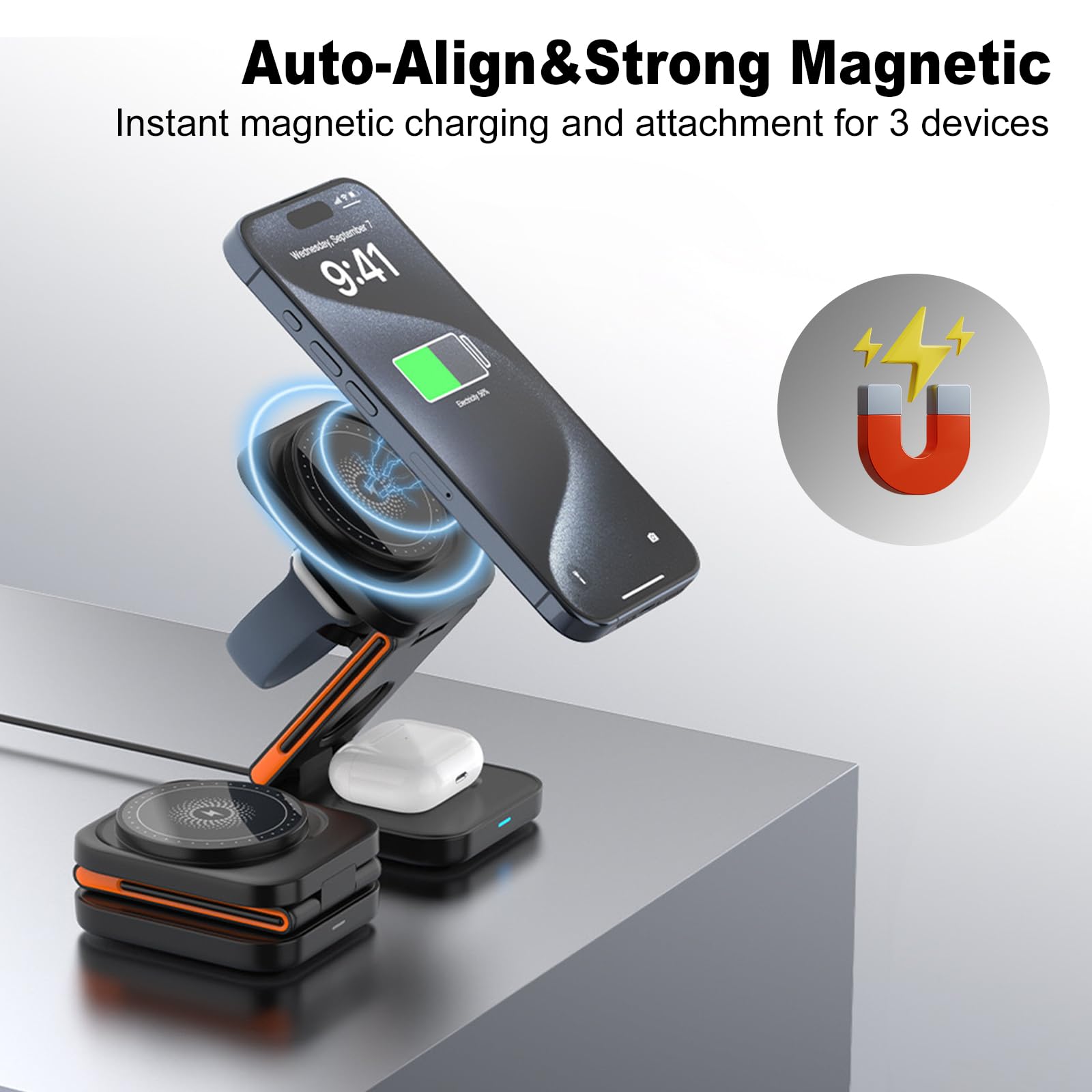 Zitronix 3 in 1 Wireless Charger with 15W Fast Output and Foldable Magnetic Stand | for iPhone Watch and AirPods