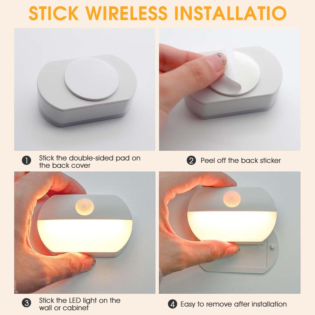 ELEPHANTBOAT Motion Sensor Light for Home with 120° Detection | 4PCS LED Warm Night Lamp