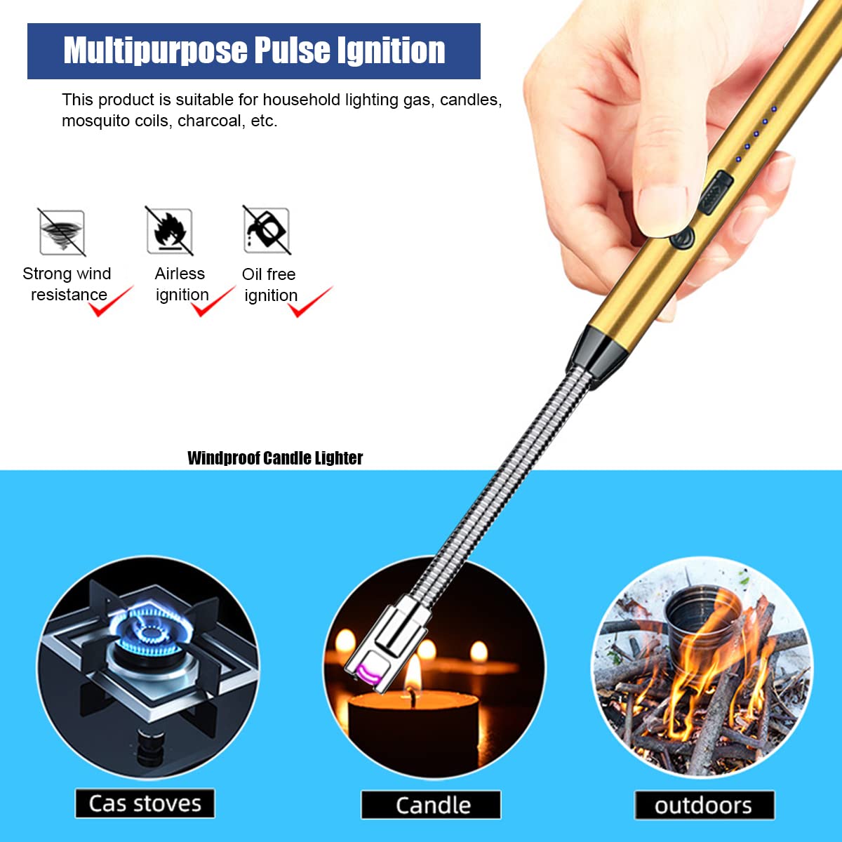 Supvox USB Rechargeable Electric Gas Lighter for Kitchen and Candles featuring 360° Flexible Neck | Gold