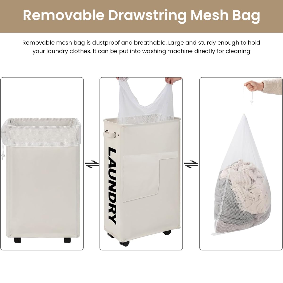 HASTHIP Laundry Basket for Small Apartments with Wheels and 39x19x57cm Capacity | Oxford Cloth Hamper Featuring Drawstring Mesh Liner