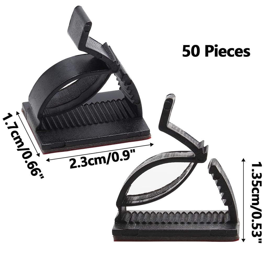 ZIBUYU Adhesive Cable Clips for Desk and Car featuring Toothed Adjustment | 50-Pack Black PA66