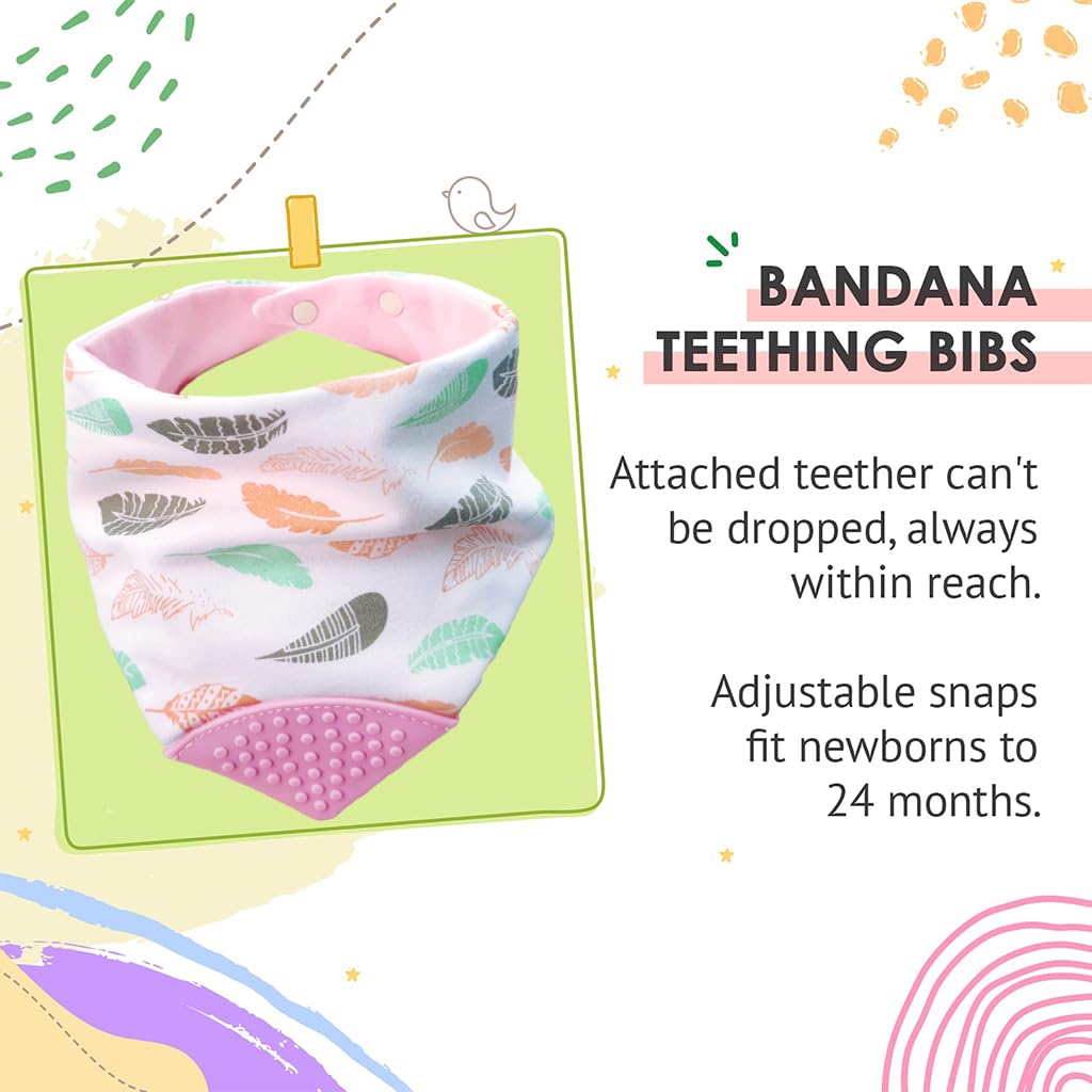 SNOWIE SOFT Baby Bib for Feeding with Adjustable Snap Buttons and Teether Corner | Pink Cotton Bandana for Babies