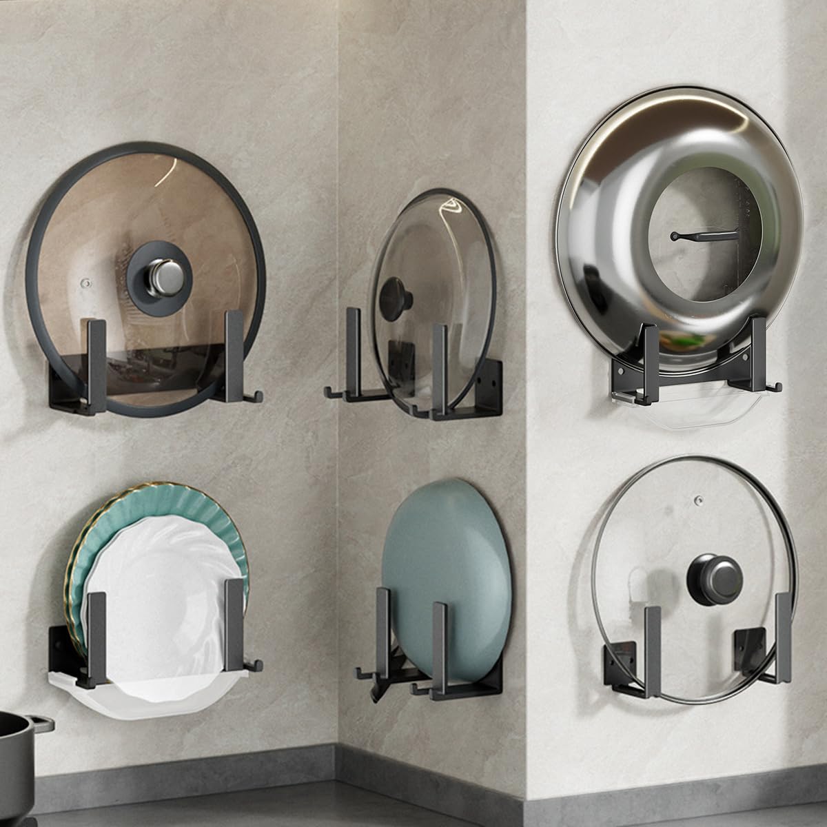 Supvox Lid Organizers for Kitchen with Drain Tray and Self Adhesive Wall Mounted Rack | Carbon Steel Holder for Pot Lids, Pans and Cutting Boards