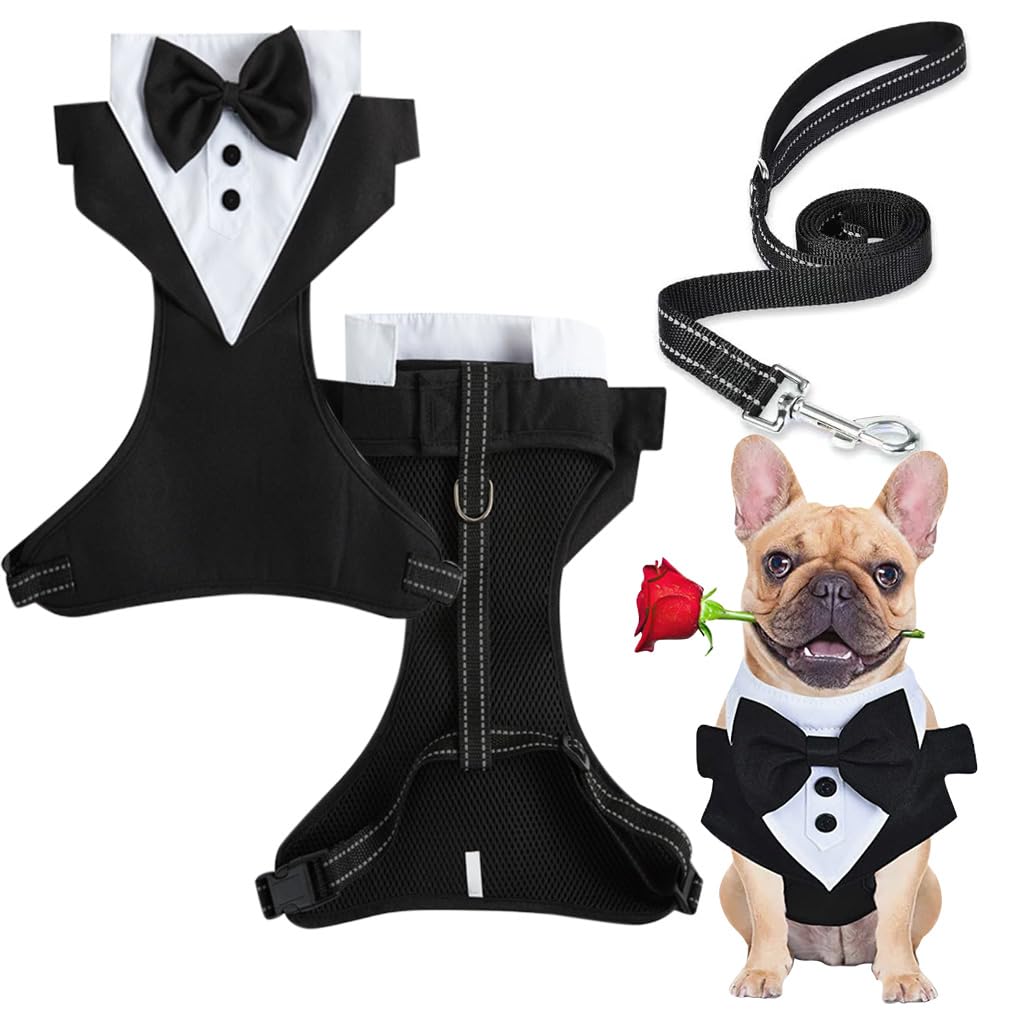 Qpets® Dog Tuxedo Harness, Fashionable Dog Tuxedo Harness Set with Traction Rope and Chest Harness, Dog Vest Pet Suit Holiday Dress Puppy Kitten Wearing (L)