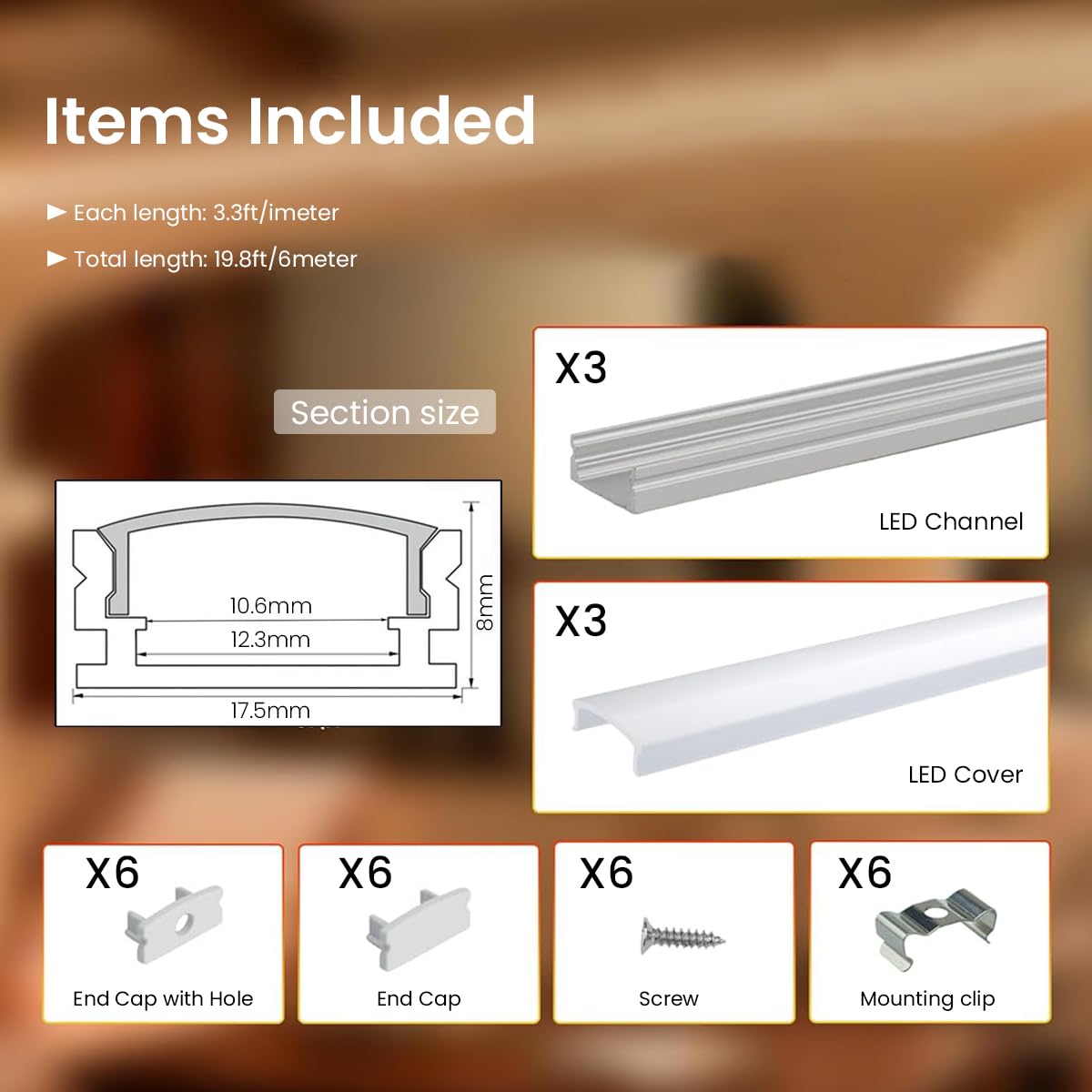 Serplex® 3Pcs 3.3ft LED Light Strip Wall Channels, Aluminum Channel System with Diffused Sliding Cover, Sturdy Heat-Dissipating Design, Suitable for Under Cabinet LED Strip Light Installations