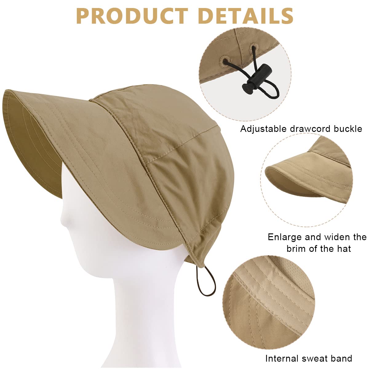 PALAY® Bucket Hat for Women Sun Protection Wide Brim Beach Hat Sun Hats for Women, Fashion Lightweight Quick Dry Summer Cap - Adjustable Drawstring Closure, Khaki