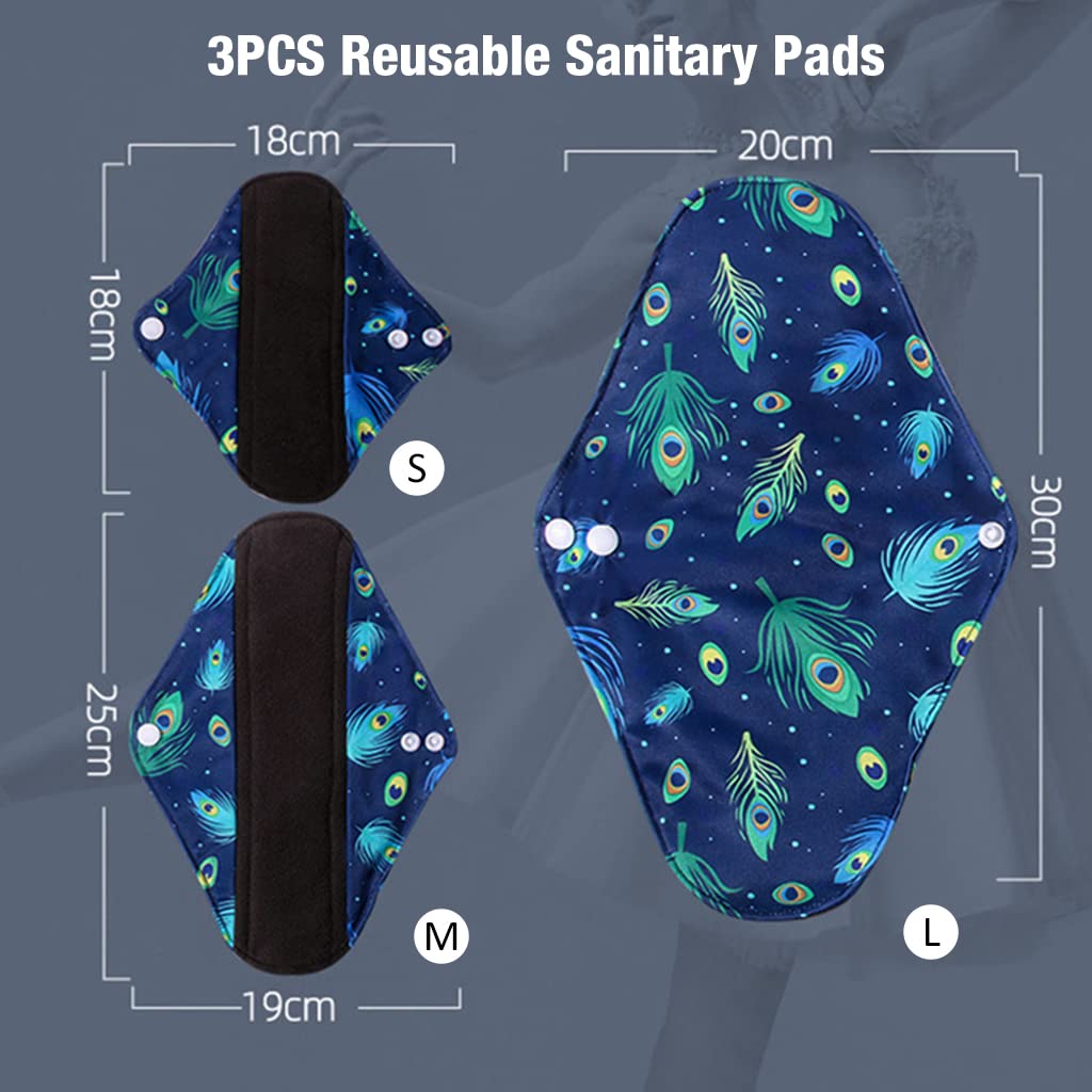 ZIBUYU Reusable Sanitary Cloth Pads for Periods with Snap Button Design and 3 Sizes | Bamboo Fleece Pack of 3