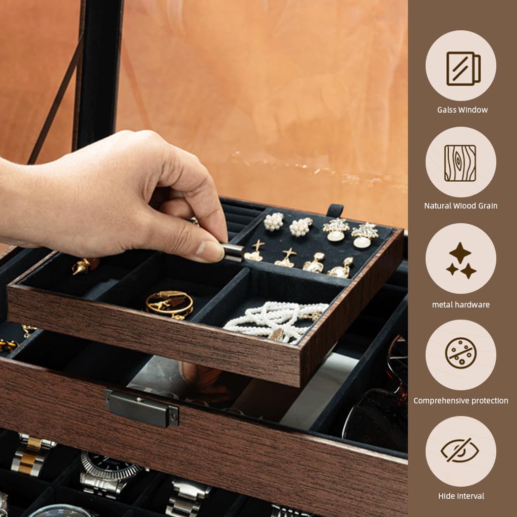 Zibuyu Watch Box Organizer for Jewelry with Double Layer Drawer and Clear Window Display
