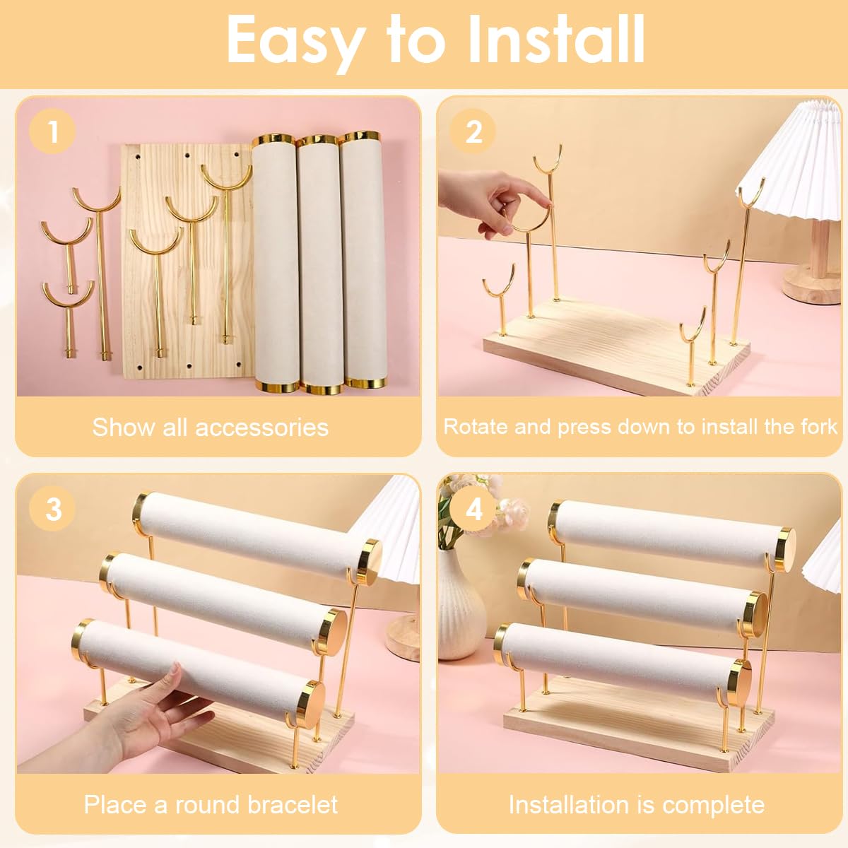 MAYCREATE Bracelet Bangle Organizer for Women featuring 3 Tier Metal Stand with Wood Tray | Holds 18–25 Bracelets