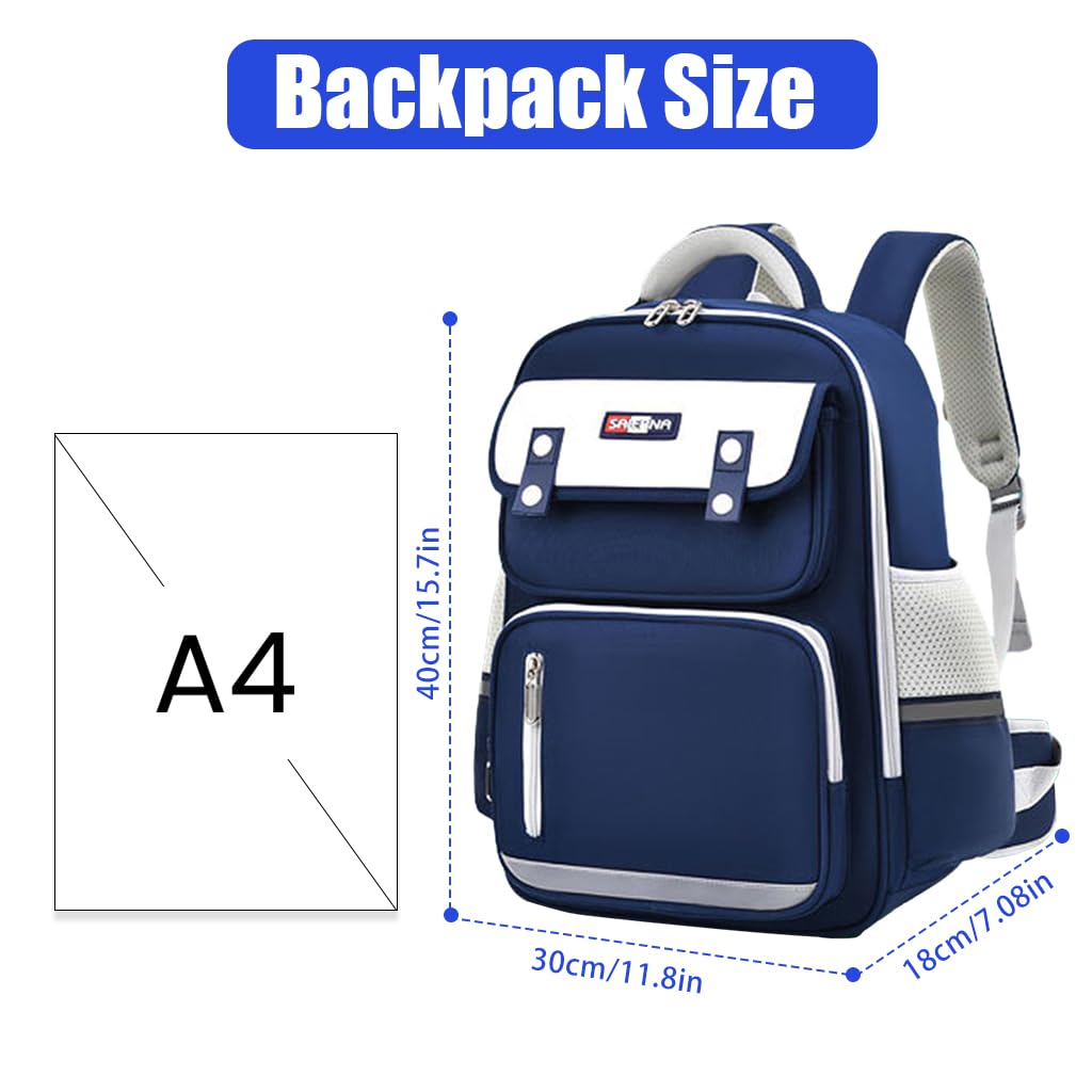 PALAY® School Backpack for Kids Waterproof School Backpack with Chest Buckle & Reflective Strip Kids School Backpack Burden-relief School Backpack for Kids 6-12 Years Old, Dark Blue