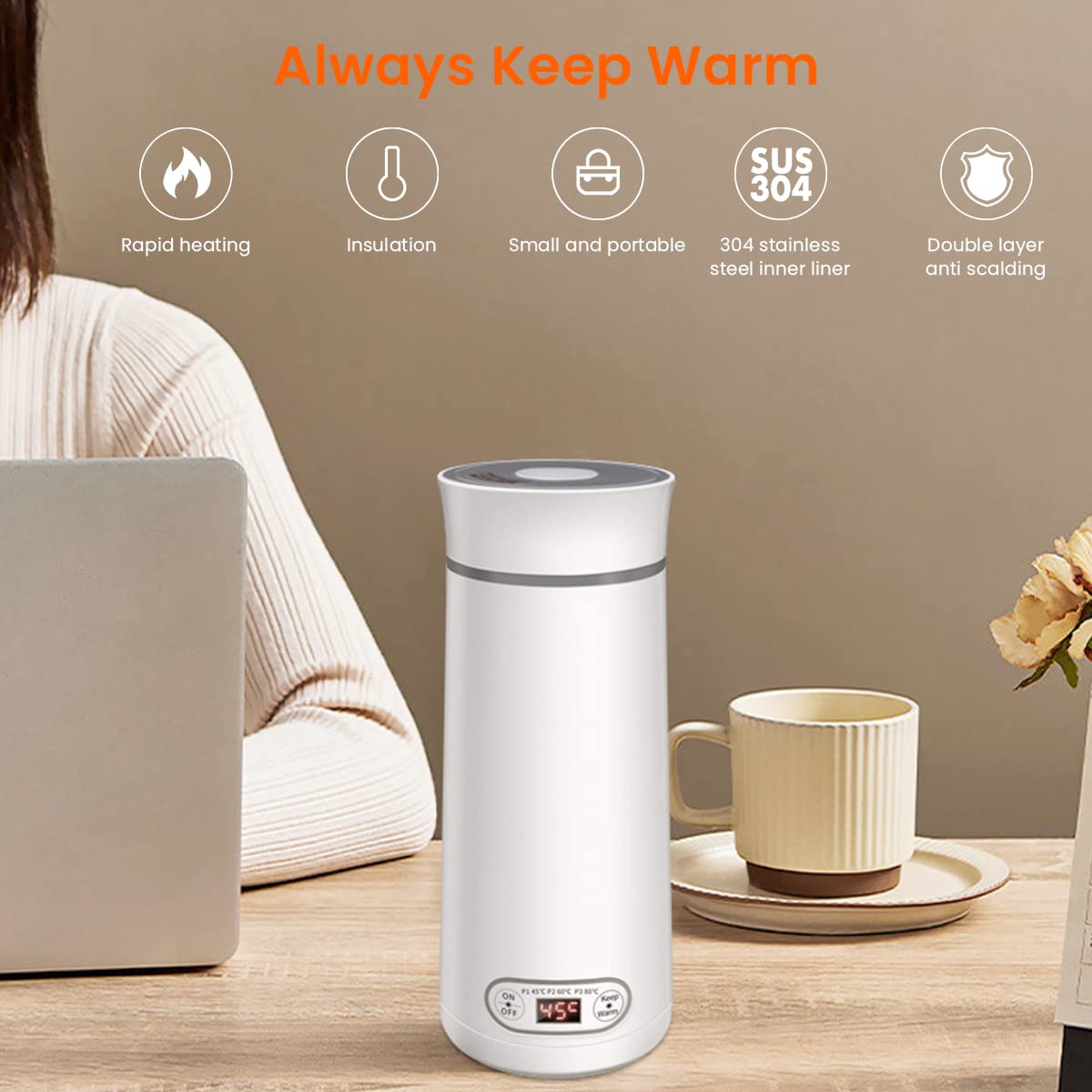 Supvox Electric Kettle for Travel with 350ml Capacity and LCD 4 Temp Presets | 300W Fast Boil
