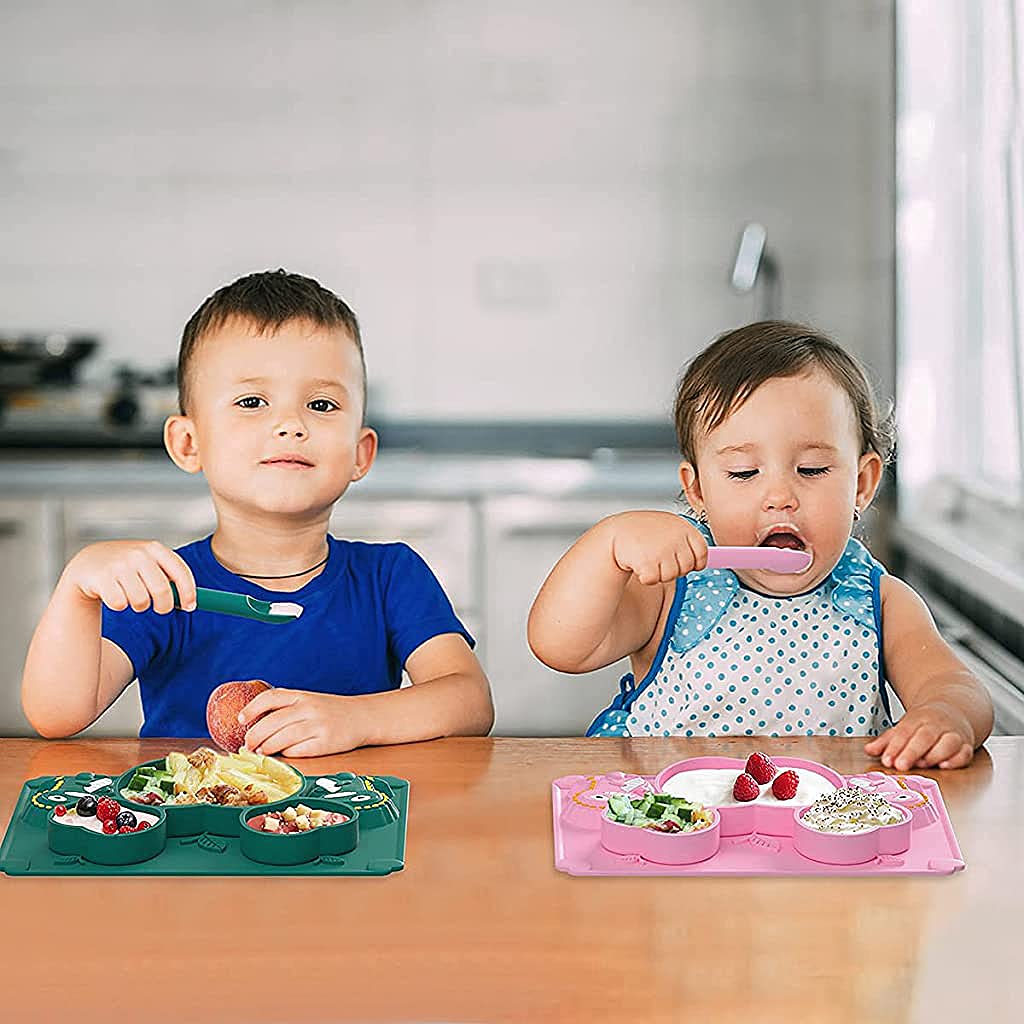SNOWIE SOFT Baby Suction Plates for Feeding with 3 Divided Deep Sections and Cute Dinosaur Design | BPA Free Silicone Mat for Toddlers