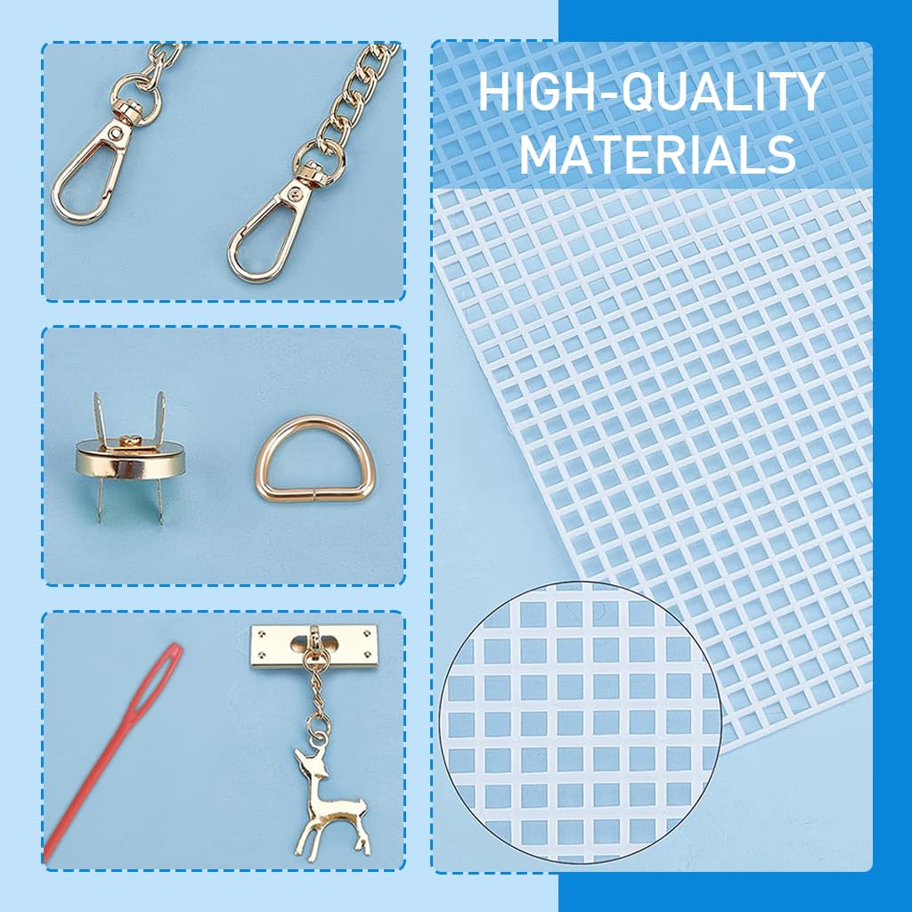 HASTHIP DIY Knitting Crochet Bags Kit for Handmade Crafting with 3 Plastic Canvas Sheets 20 x 13 x 6cm White | Includes Needles Strap Chains and Deer Button