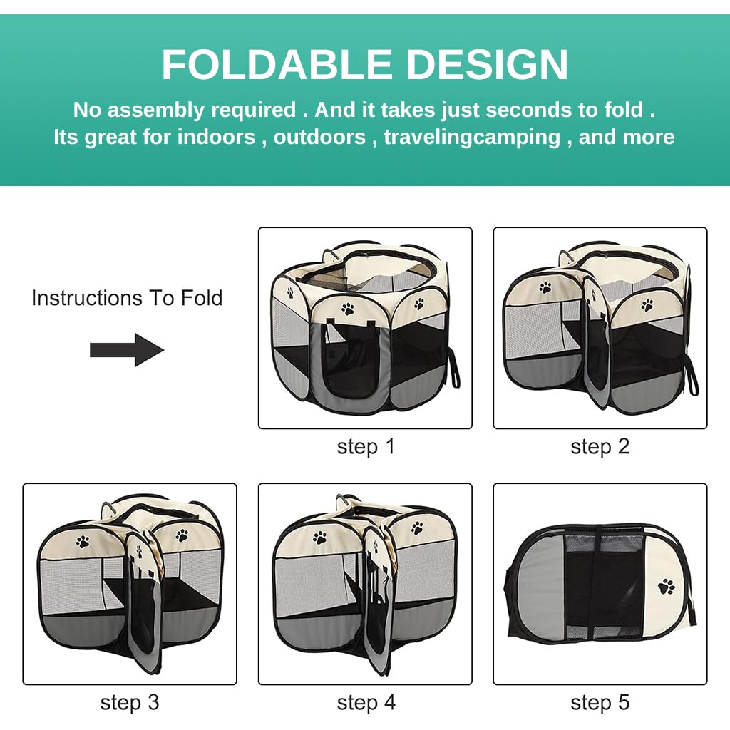 Qpets® Foldable Pet Playpen Breathable Indoor Pet Fence Pet Enclosure with Mesh Window for Cat Dog Movable Pet Delivery Room Detachable Zipper Mesh Shade Cover, 44.8'' x 44.8''x22.8''