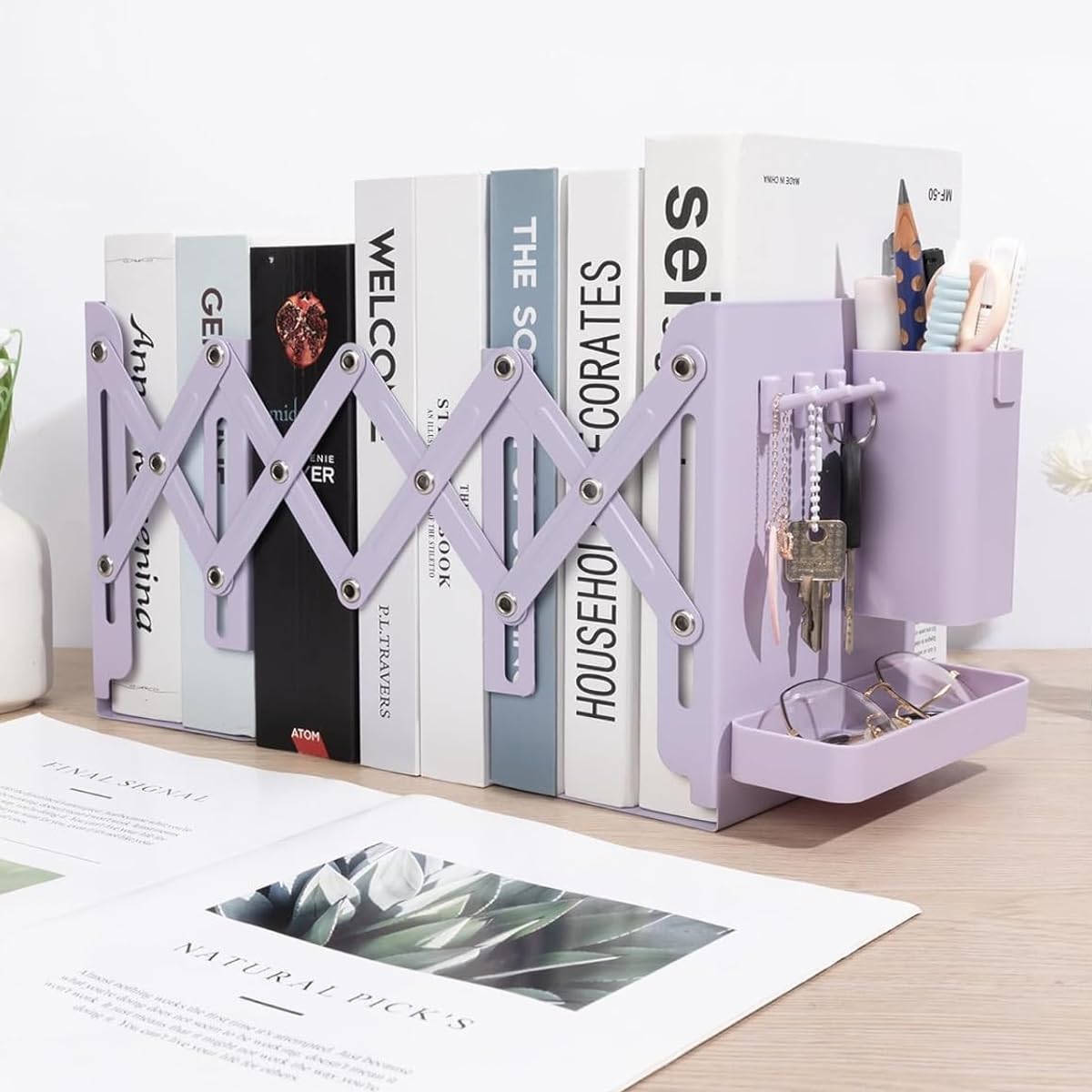 Climberty Desktop Bookshelf for Office and School with Retractable Book Holder and Metal Pen Organizer