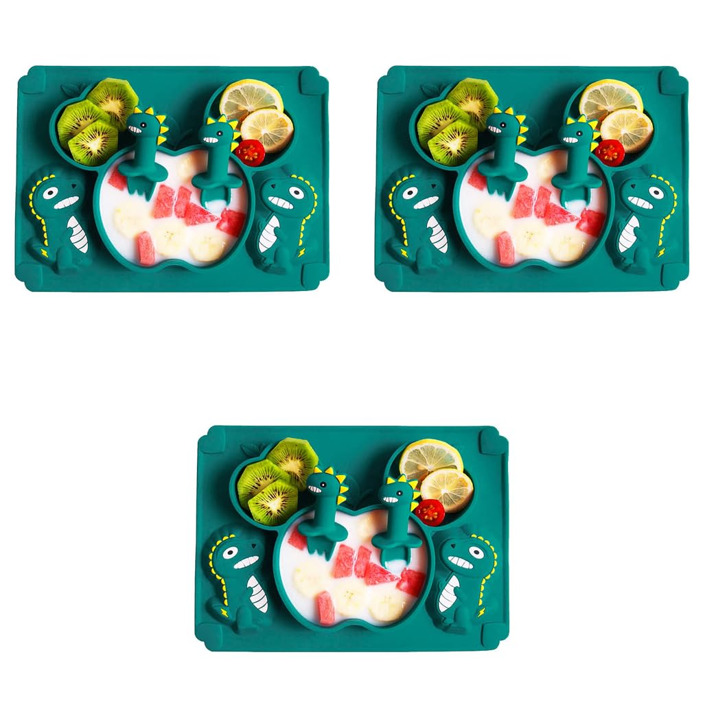 SNOWIE SOFT Baby Suction Plates for Feeding featuring Cute Dinosaur Design | 3PCS Green Silicone