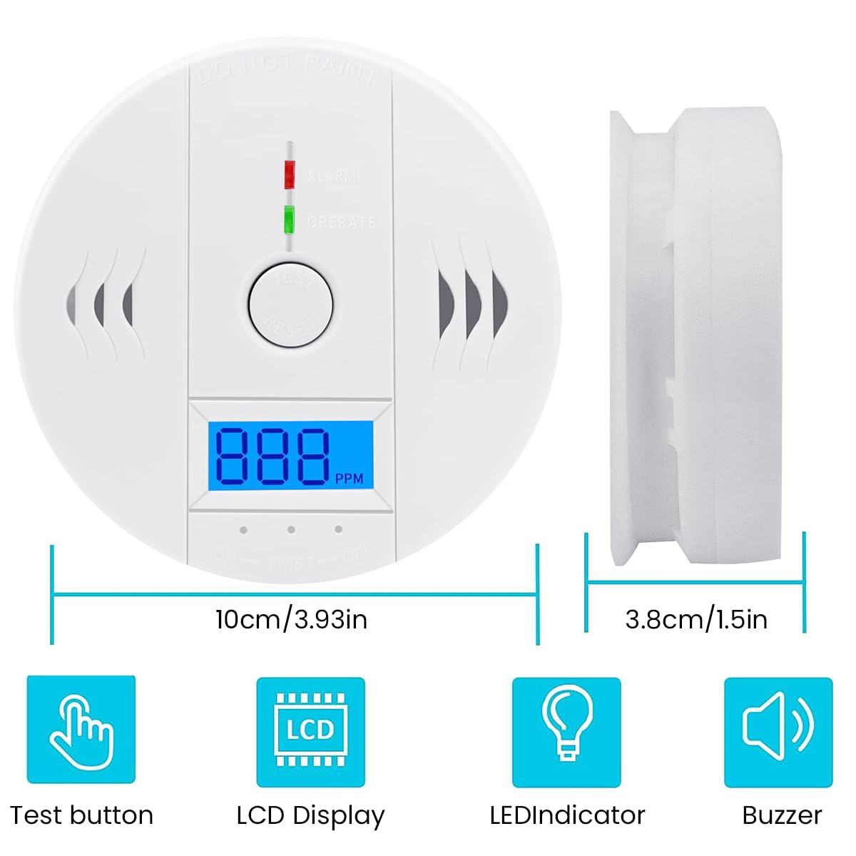 HASTHIP® Carbon Monoxide Detector Alarm 85DB Replaceable Battery-Operated Carbon Monoxide Alarm Detectors with Digital Display & LED Lights CO Alarm Device for Kitchen Bathroom (Battery NOT Included)