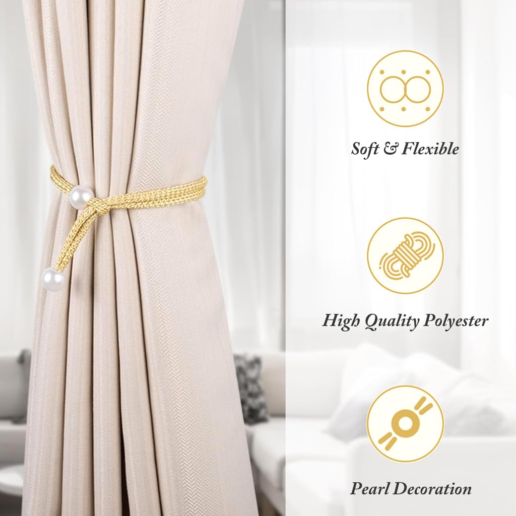 ZIBUYU Curtain Tiebacks for Drapes featuring White Sliding Beads | 6 Pcs 16.9 in Golden Set