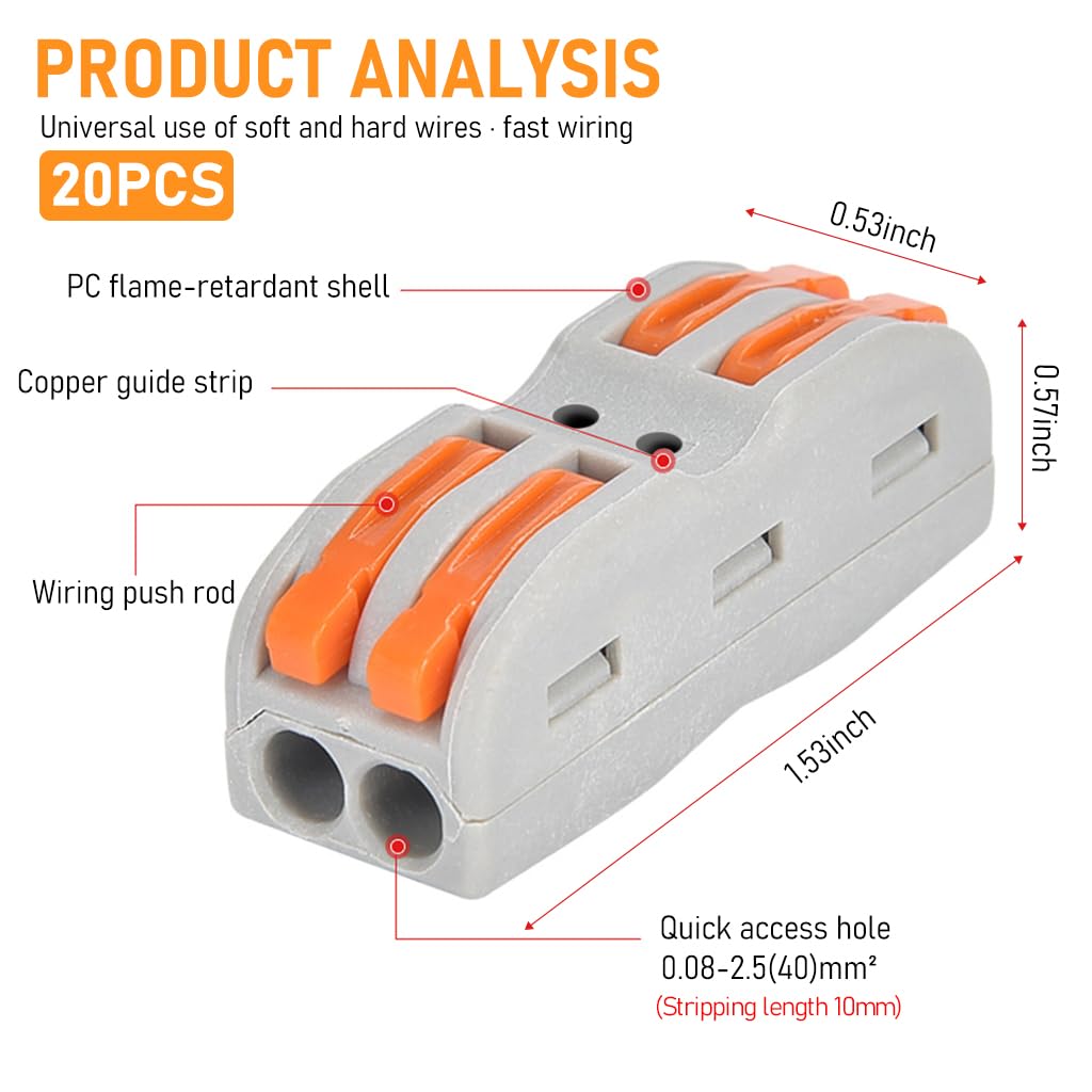 Serplex® 20Pcs Wire Connector Kit 2 Circuit Inline Splices Cable Connector With Control Lever Compact Splicing Wire Jointer Cable Conductor Clamp Wire Connector Jointer Conductor For 28-12 Awg