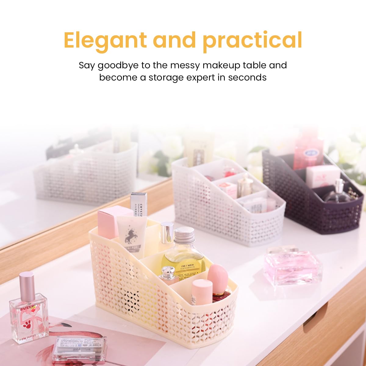 HASTHIP Remote Stand for Home with 4 Compartments and Hollow Woven Design 9.5x21x11cm | Plastic Organizer for Office and Vanity