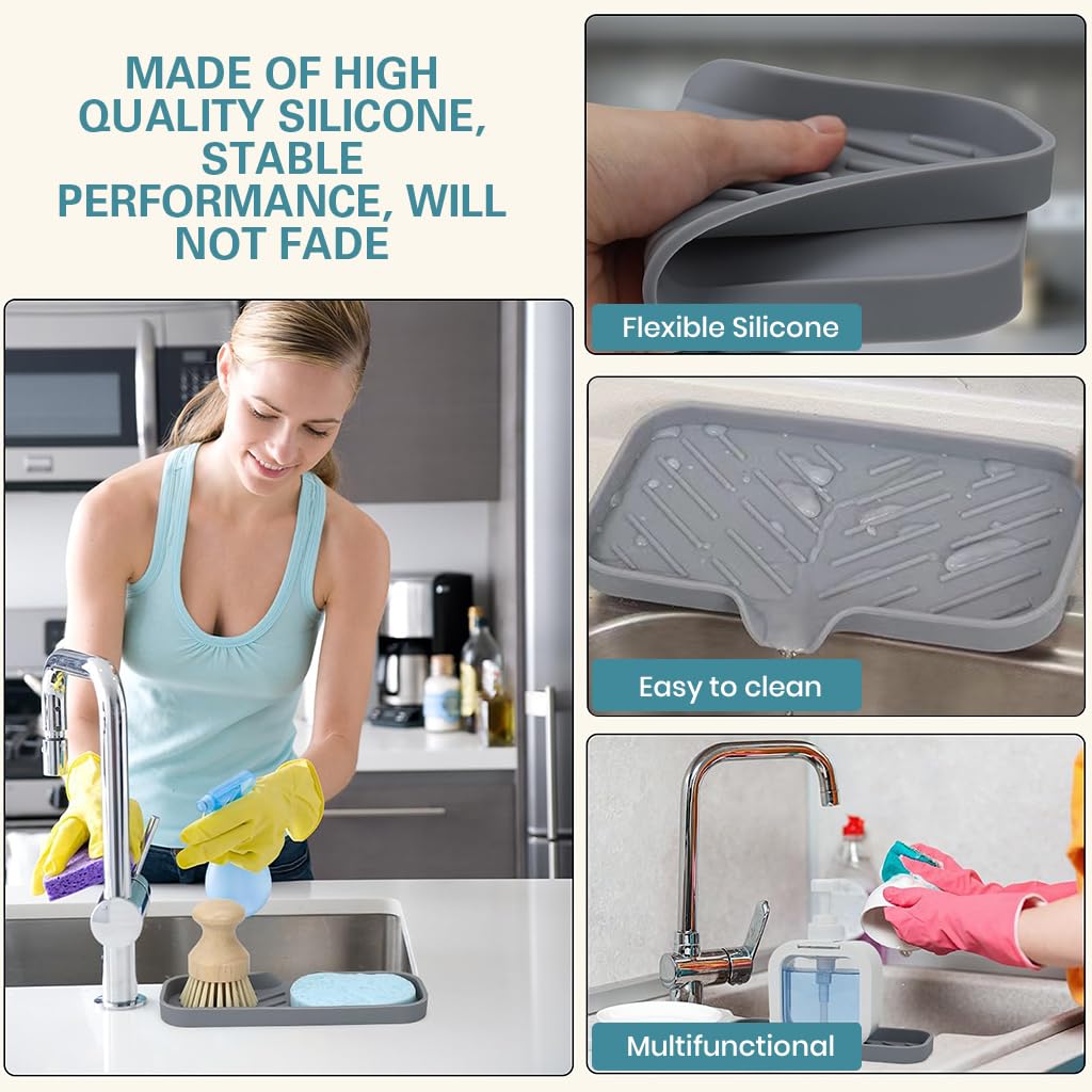 Supvox Silicone Kitchen Sink Organiser for Soap and Sponges with Grooved Drain Mat 9.6x5.3 in