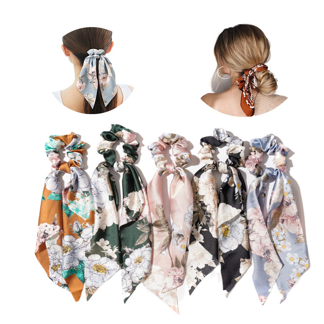MAYCREATE Hair Scarf Scrunchies Set for Women with Soft Elastic Bands and Floral Ribbons | 5 Pcs