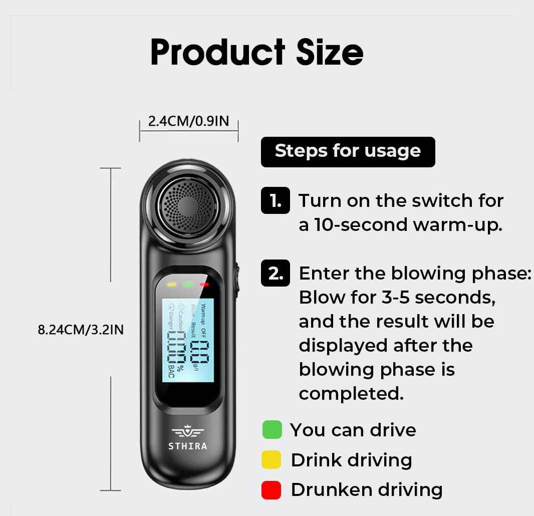 STHIRA Alcohol Tester for Personal and Professional Use with LCD Display and USB Rechargeable 0.00–0.19% BAC Precision Sensor
