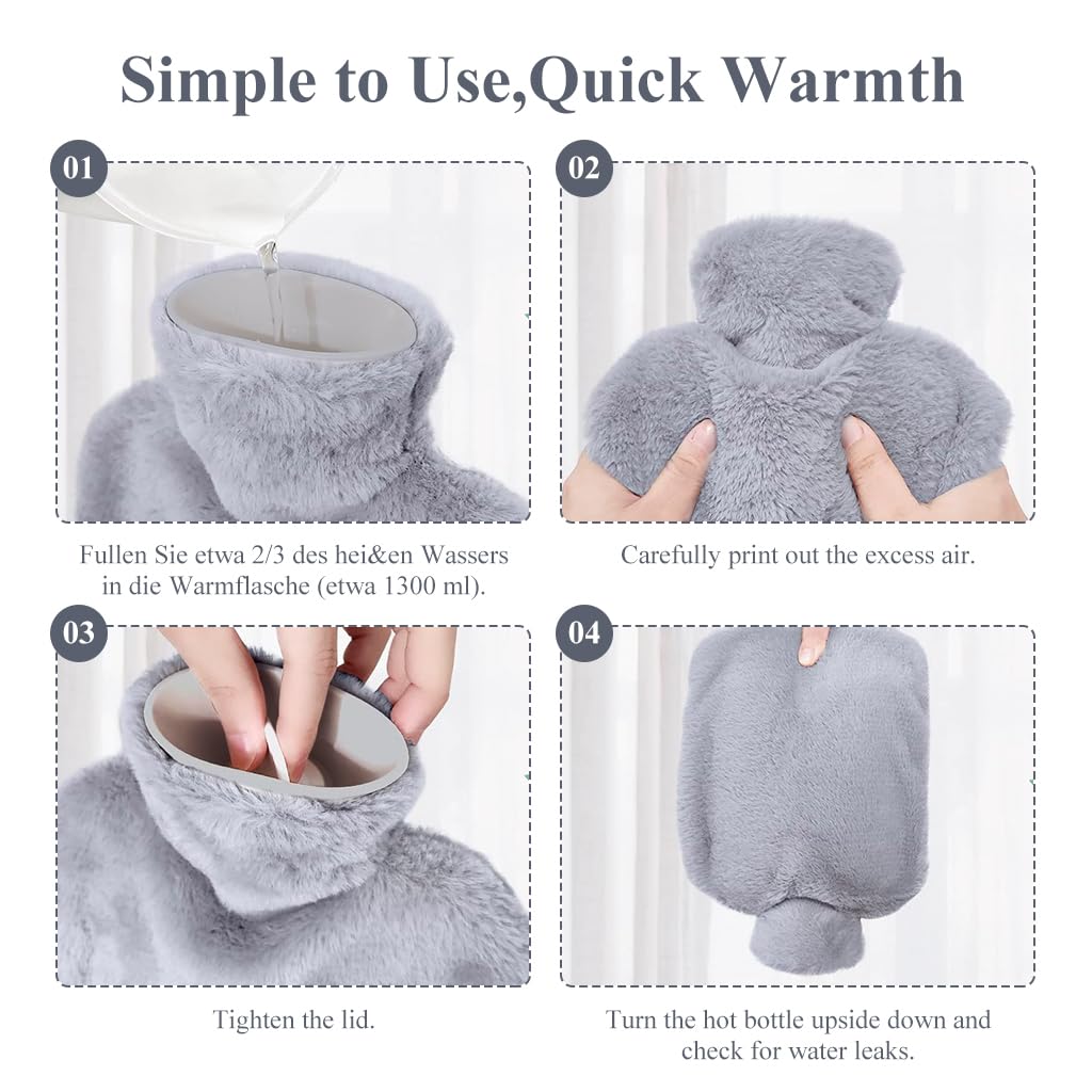 ZIBUYU® 1L Hot Water Bag, with Soft Plush Cover, Bottle with Anti-leak Sealing Stopper Warmth Hot Water Bottle for Menstrual Cramps Relief, Hot Compress Therapy, Hot Bags for Pain Relief