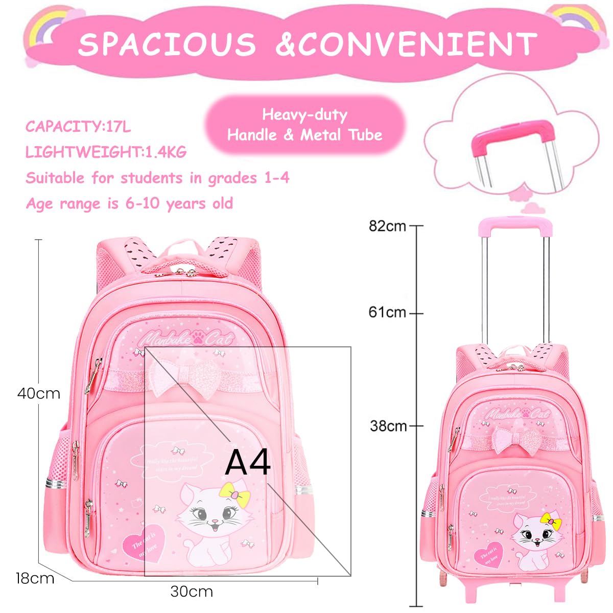 [Second-hand]PALAY@ School Backpack Girls School Backpack on Wheel Cute Cartoon Print School Backpack Detachable Wheel Stand with Puller School Gift Backpack for 6-12 Years Old