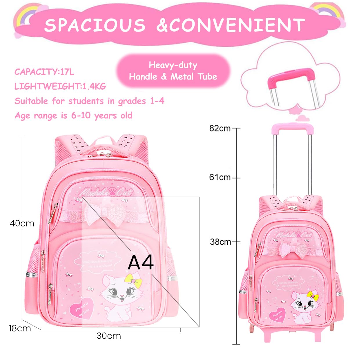 PALAY® School Backpack Girls School Backpack on Wheel Cute Cartoon Print School Backpack Detachable Wheel Stand with Puller School Gift Backpack for 6-12 Years Old