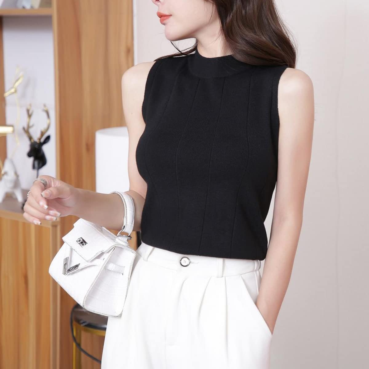 PALAY Womens Sleeveless Top for Daily Wear with Stretchable Knit Design 53cm Length Black