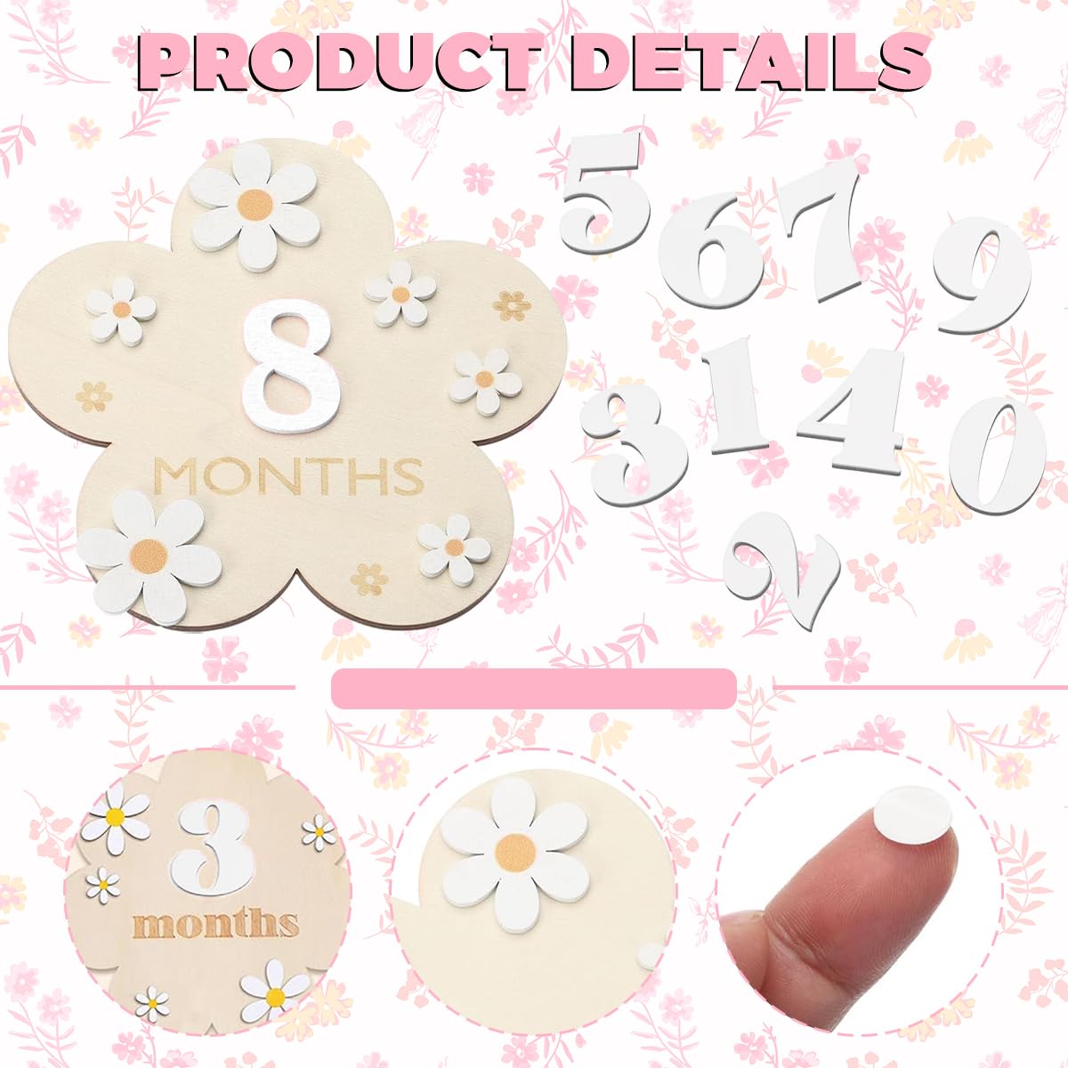 SNOWIE SOFT Floral Wooden Monthly Milestone Board for Newborn Photos with 0–9 Plates | White Nursery Prop