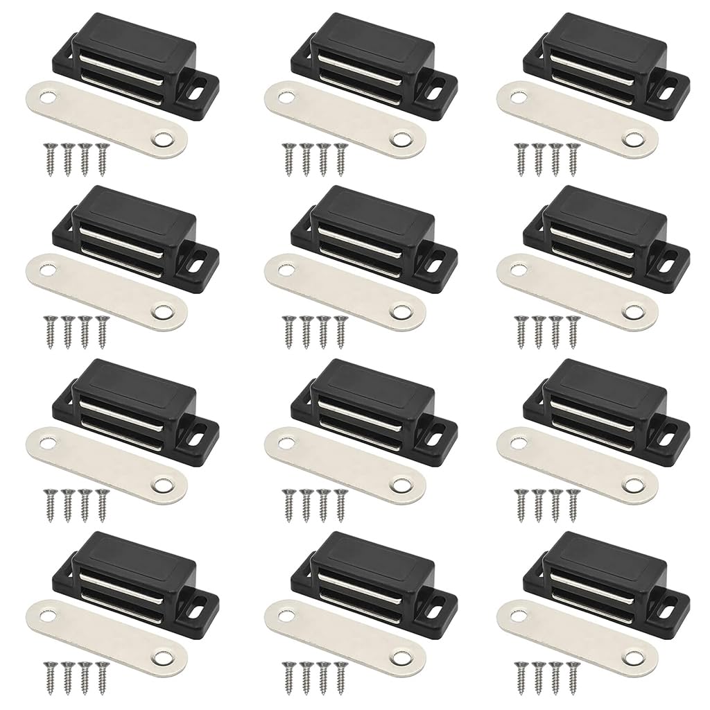 HASTHIP® 12 Pack Cabinet Magnet Latch, Best for Cabinet Doors, Cupboards, Drawers and Shutters, Cabinet Magnetic Latch Easy Install, Magnetic Cabinet Catch Screws Included (Black)