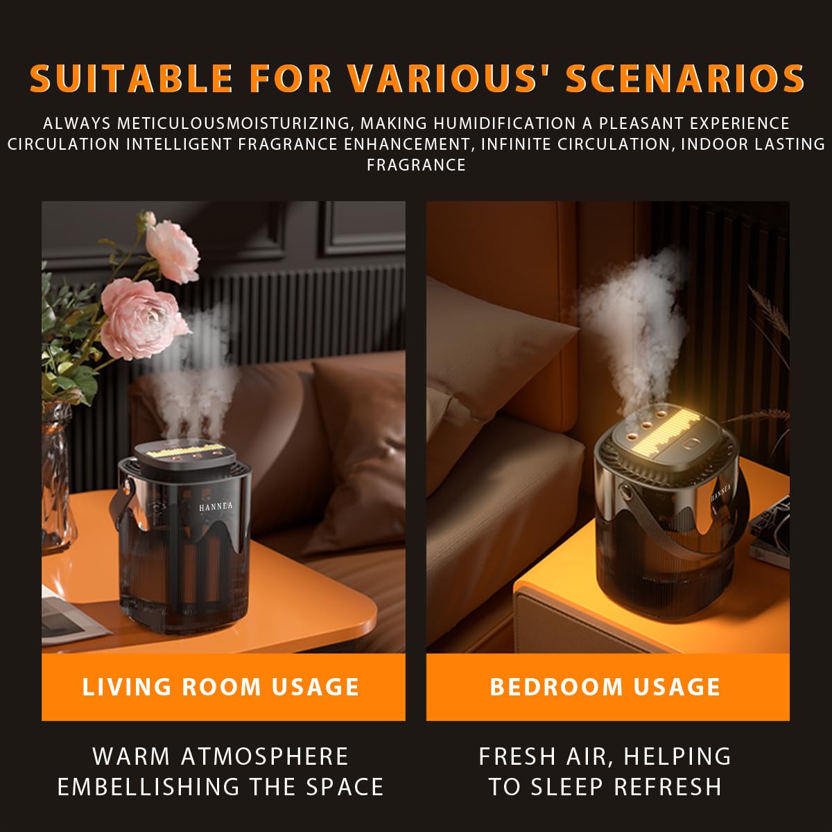 HANNEA Cool Mist Humidifier for Bedroom with 3L Tank and Triple Nozzle Design | Quiet LED Night Light