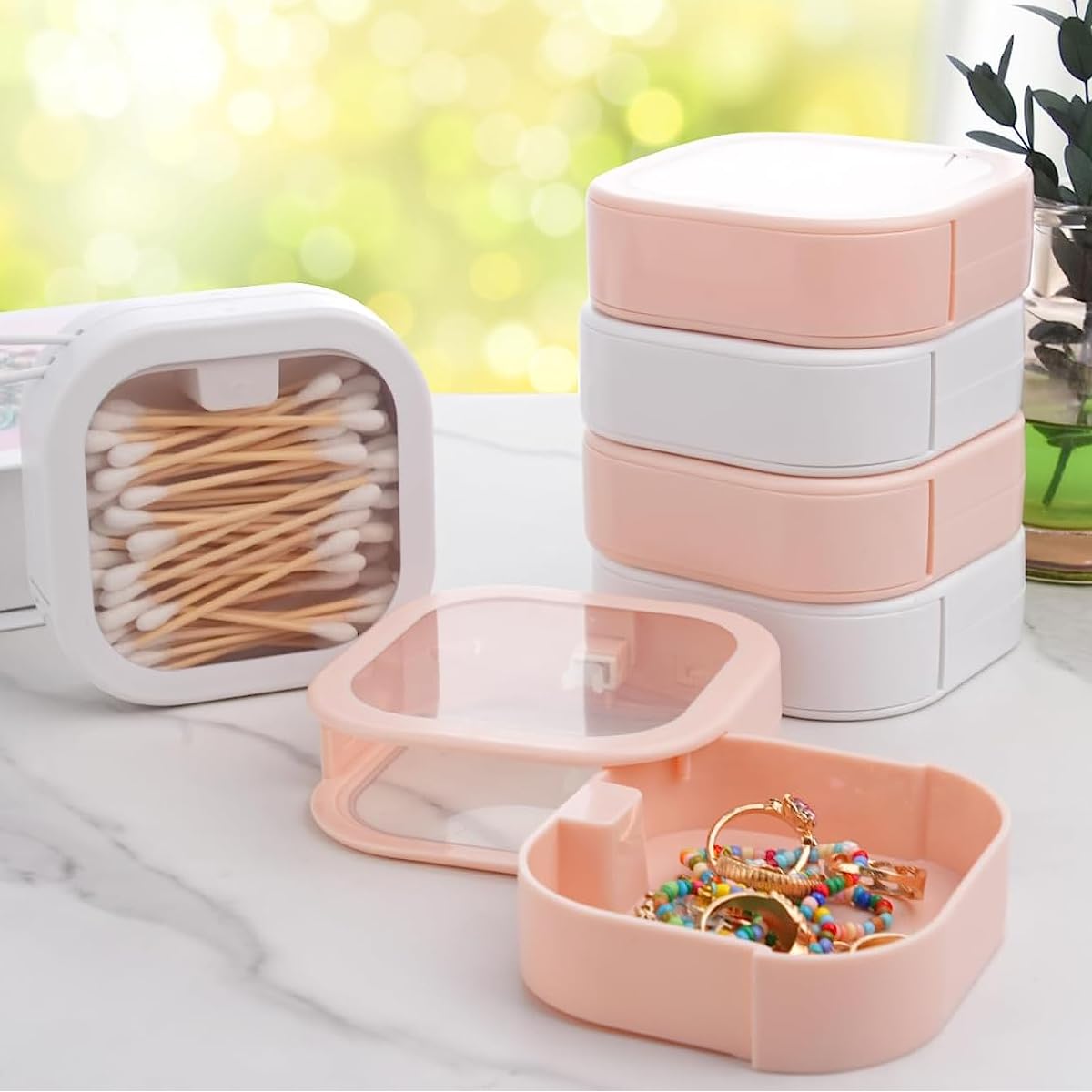 MAYCREATE Accessories Organizer Box for Travel with Transparent Cover 9.5×9.5×3cm | 2pcs Storage Case for Rings Hair Clips and Cotton Swabs