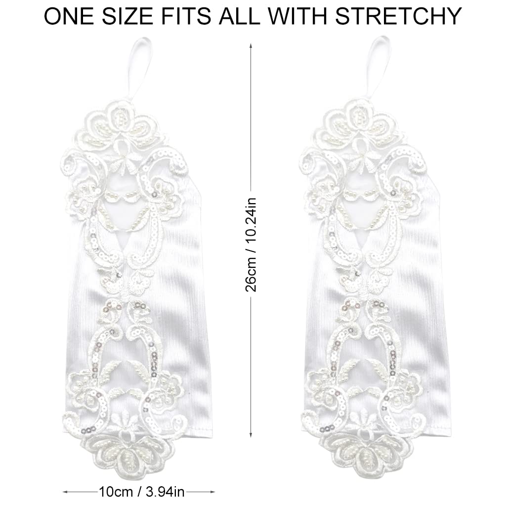 PALAY Women Lace Gloves for Wedding and Party with Bowknot Rhinestone Cuffs | White Bridal Fingerless Tulle