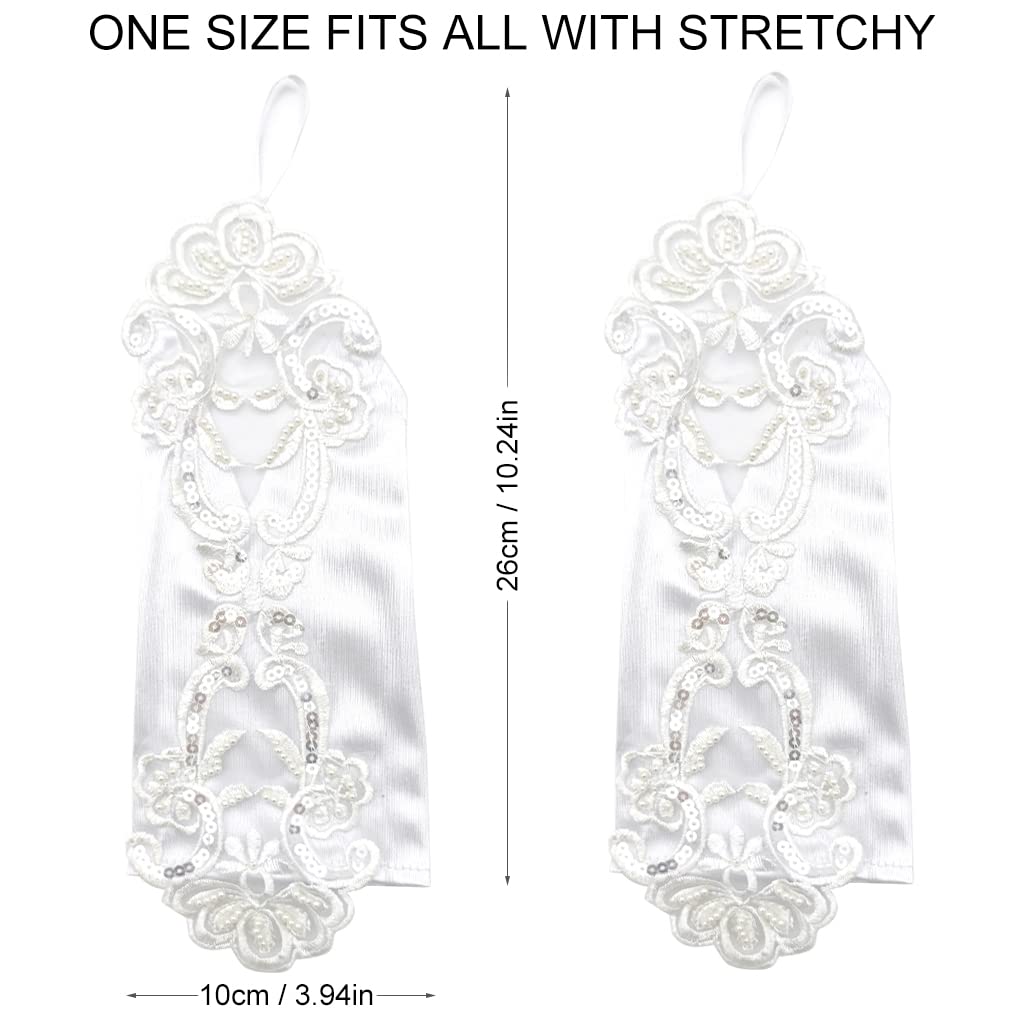 GUSTAVE® White Elegant Rhinestone Cuffs Lace Satin Flower Fingerless Tulle Banquet Bowknot Bridal Gloves for Women