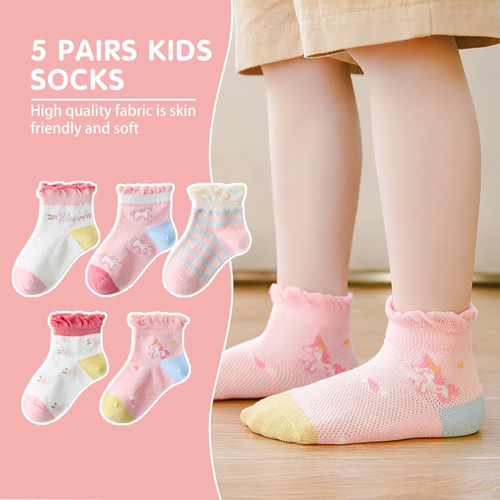 PALAY Kids Socks for Girls featuring 5 Pairs Breathable Cotton Mesh | Unicorn Cartoon Design